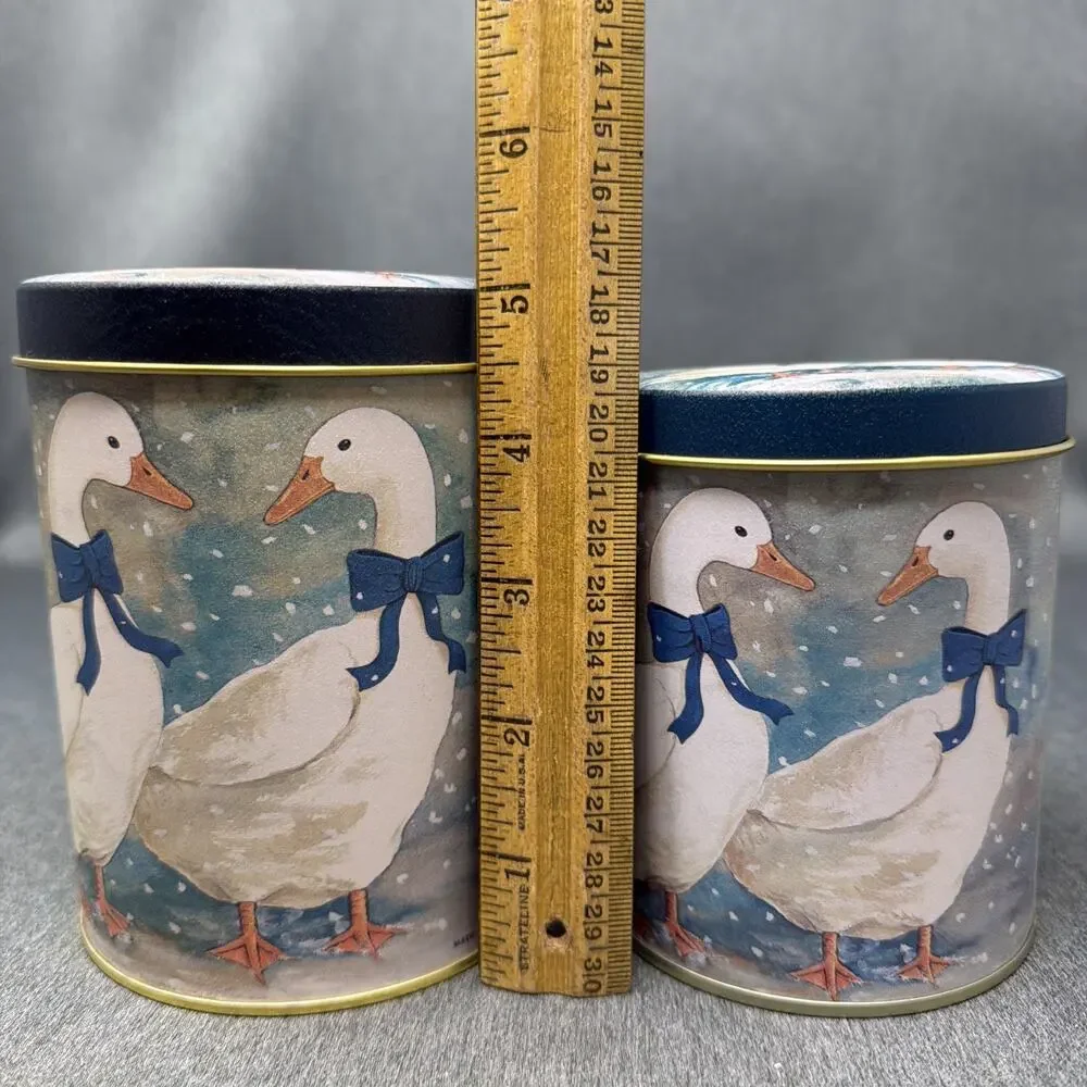 2pc Vintage 1980s Country Geese Nesting Metal Tin Canisters Blue Bow